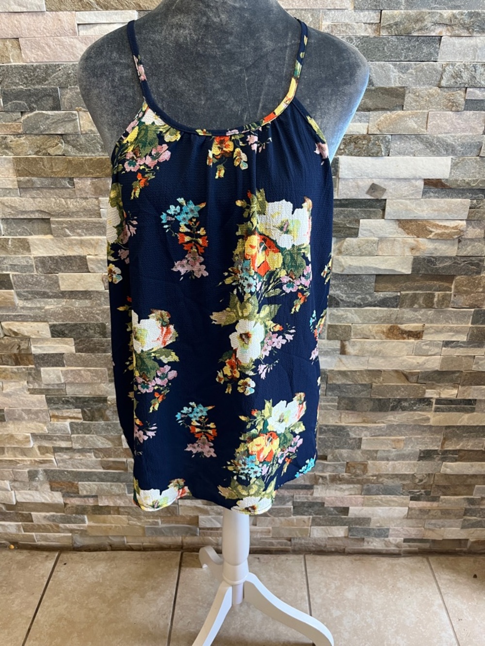 Navy Floral Spaghetti-Strap Blouse